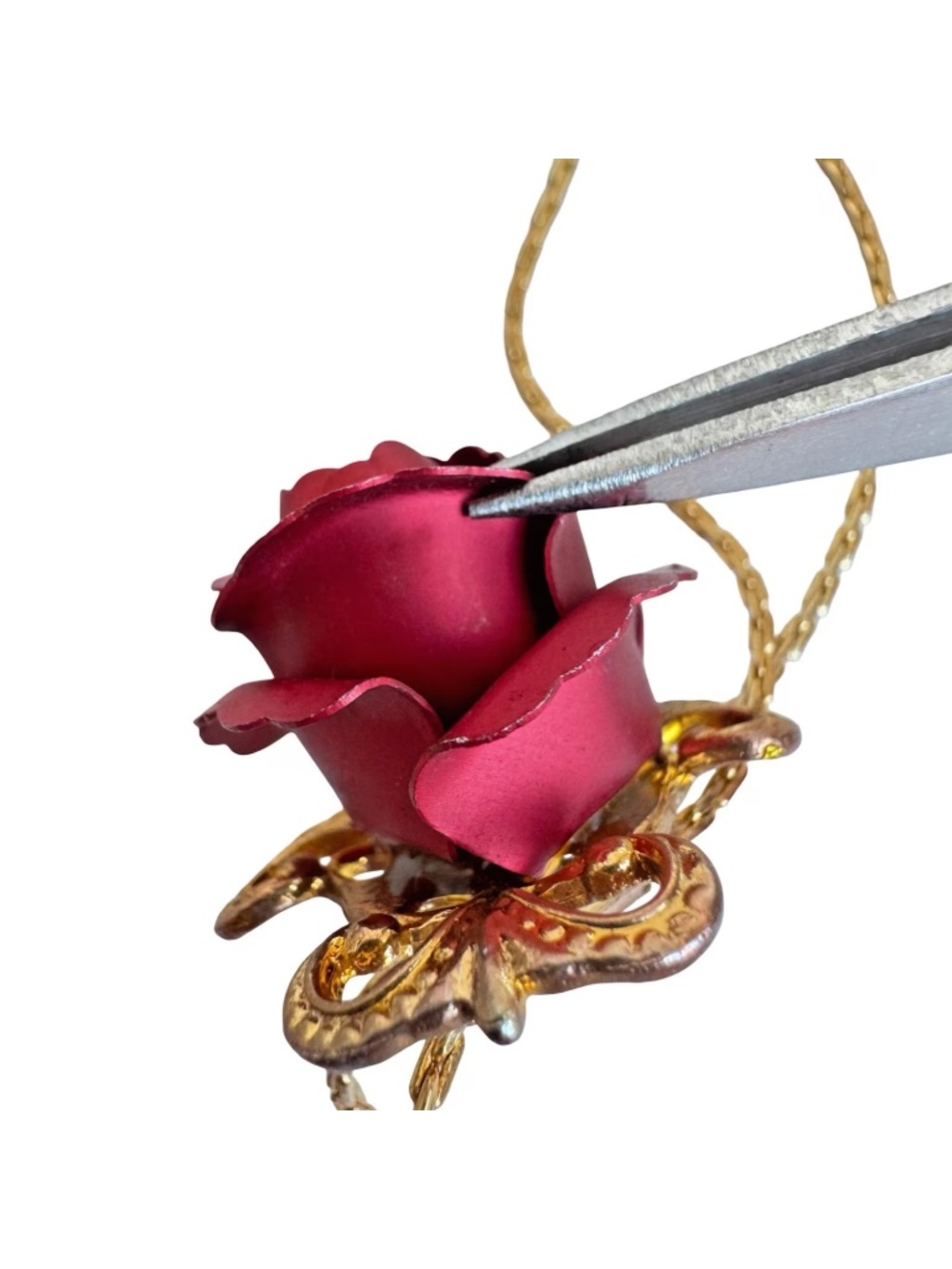 Vintage Red Rose Bolo Tie Lariat Necklace Gold Tone Chain Floral Pendant Jewelry - Picture 7 of 16